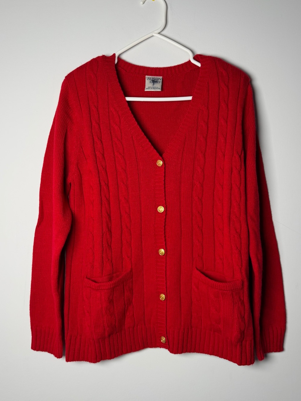 Vintage Allison Daley Bright Red Cable Knit Cardigan with Gold Buttons Women’s S